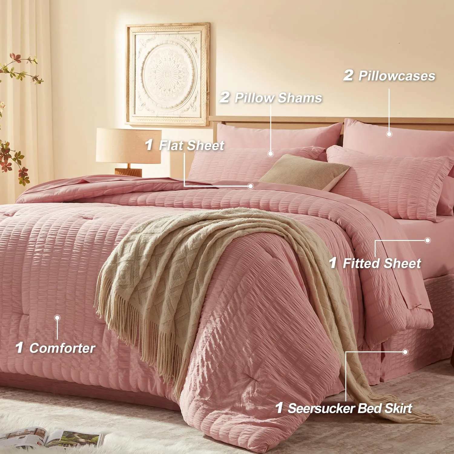 King Size Comforter Set 8 Pieces - Pink Seersucker Bed in a Bag with Sheets, Comforters King Size Bedding Sets with Comforter, Sheets, Pillowcase & Sham and Bed Skirt