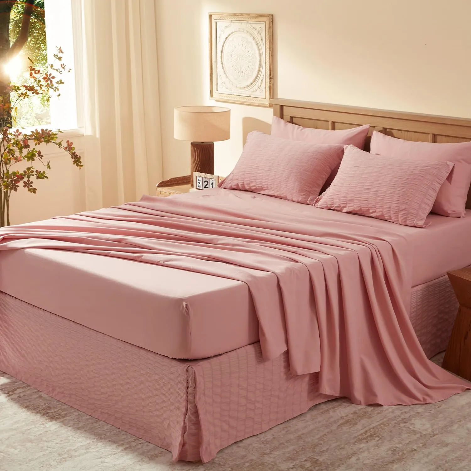 King Size Comforter Set 8 Pieces - Pink Seersucker Bed in a Bag with Sheets, Comforters King Size Bedding Sets with Comforter, Sheets, Pillowcase & Sham and Bed Skirt