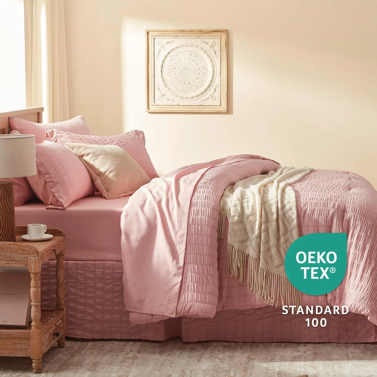 King Size Comforter Set 8 Pieces - Pink Seersucker Bed in a Bag with Sheets, Comforters King Size Bedding Sets with Comforter, Sheets, Pillowcase & Sham and Bed Skirt