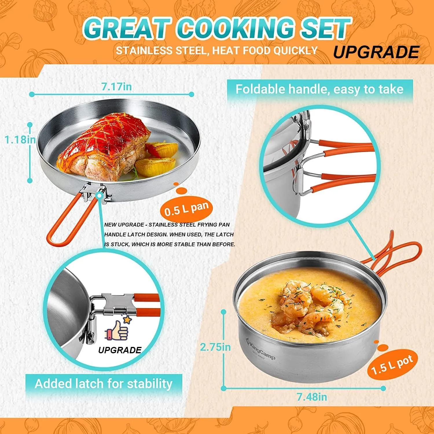 KingCamp 17/25pcs Stainless Steel Camping Cookware Mess Kit Camping Cooking Set Backpacking Gear Lightweight Pots and Pans Set for Camping Hiking Picnic