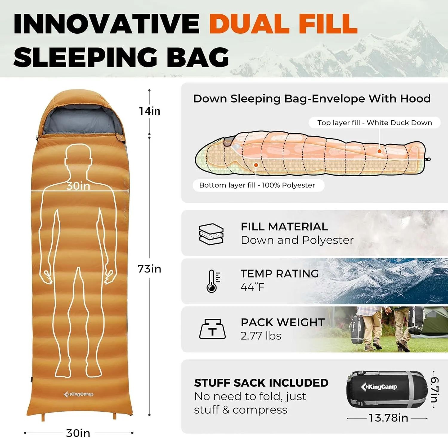 KingCamp Down Sleeping Bag for Adults, 600 FP Cold Weather 3-4 Season Sleeping Bag, Ultralight & Compact with Compression Sack for Backpacking, Camping, Hiking