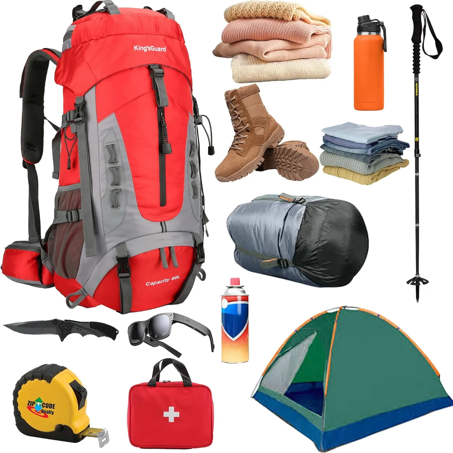 King'sGuard 60L Hiking Backpack Men Women Camping Backpack Waterproof Backpacking Mountaineering Climbing Daypack (Red)