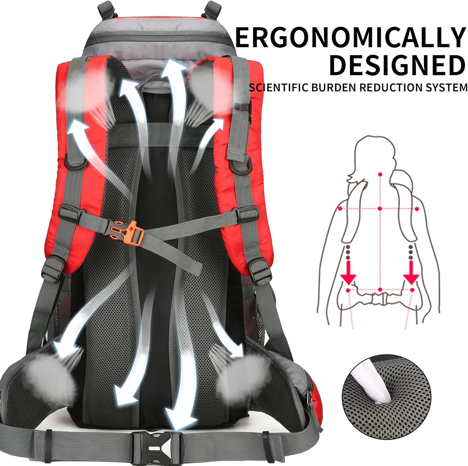 King'sGuard 60L Hiking Backpack Men Women Camping Backpack Waterproof Backpacking Mountaineering Climbing Daypack (Red)