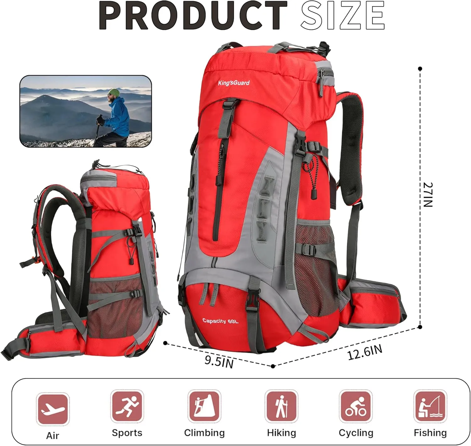 King'sGuard 60L Hiking Backpack Men Women Camping Backpack Waterproof Backpacking Mountaineering Climbing Daypack (Red)