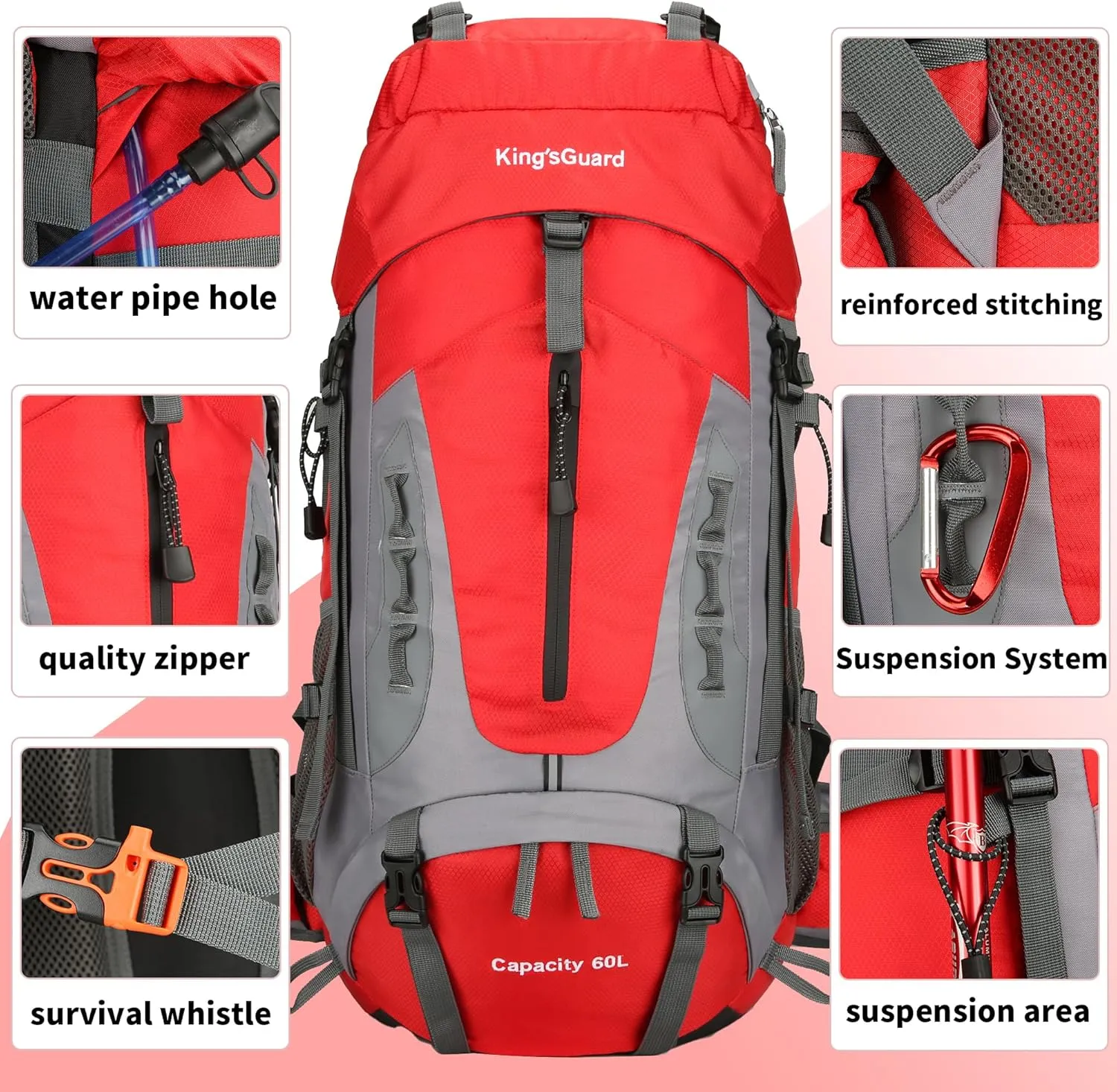 King'sGuard 60L Hiking Backpack Men Women Camping Backpack Waterproof Backpacking Mountaineering Climbing Daypack (Red)