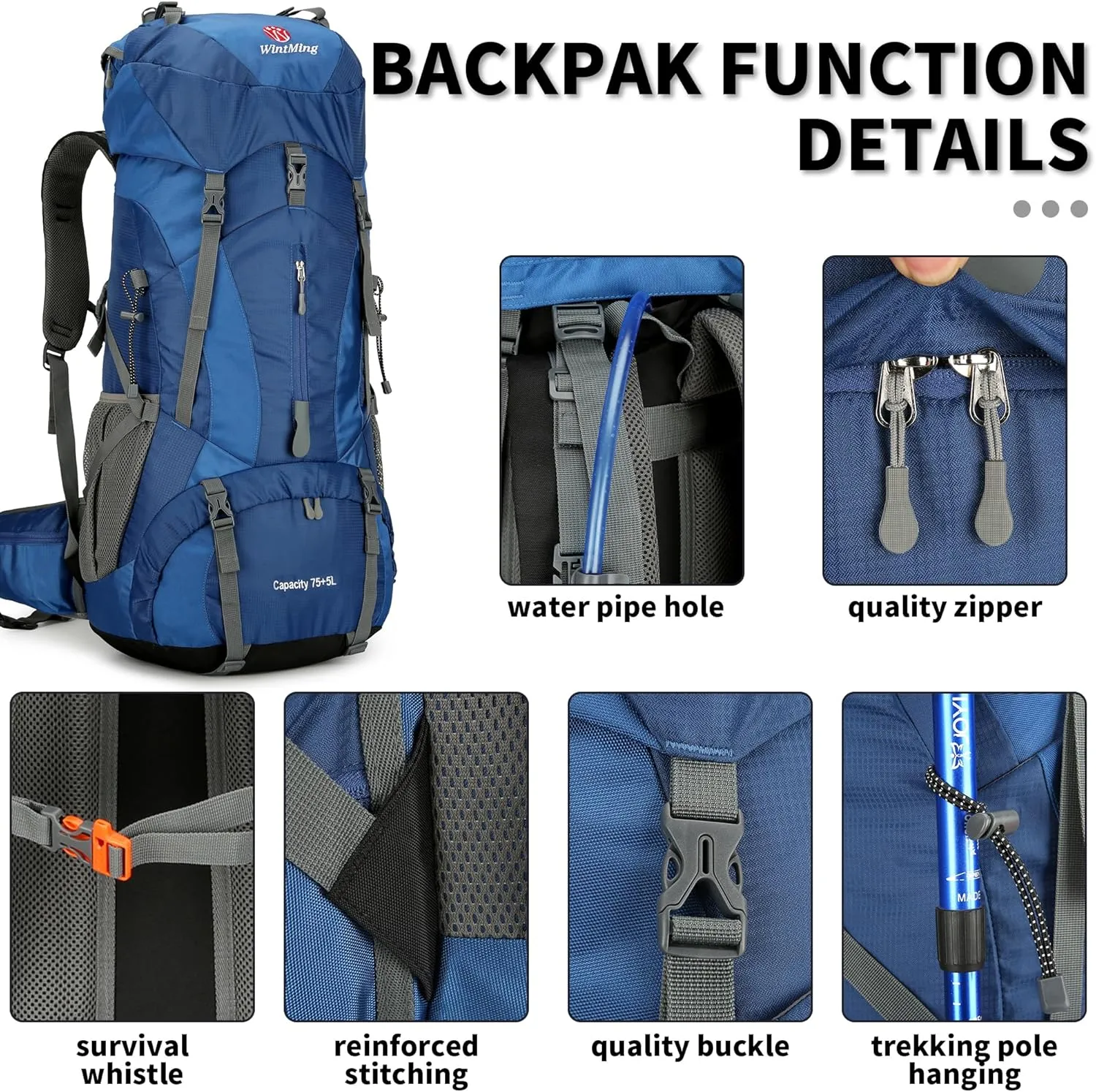 King'sGuard Hiking Backpack for Men and Women 70L 5L Waterproof Lightweight Camping Daypack with Rain Cover for Outdoor Travel Mountaineering - Frameless (Navy)