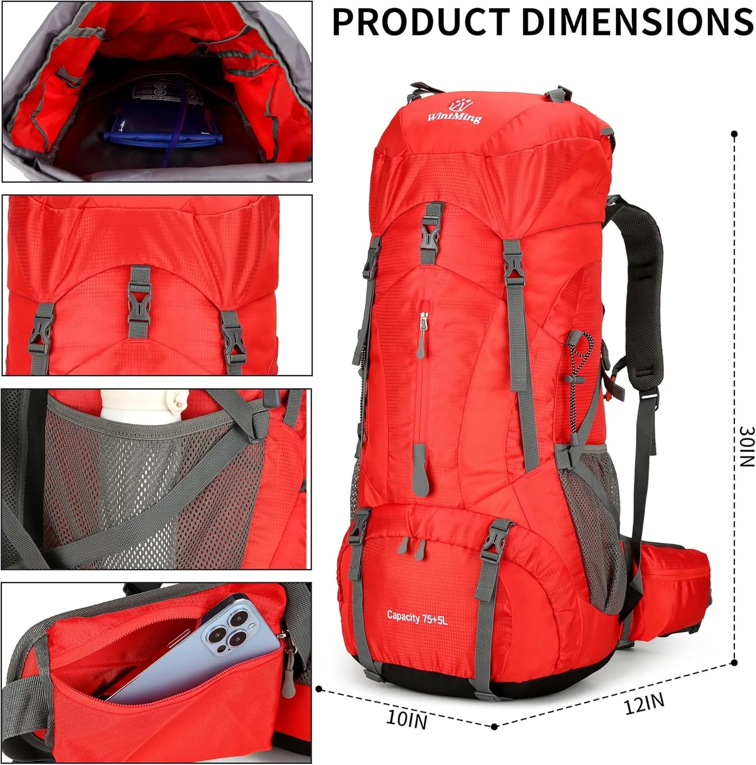King'sGuard Hiking Backpack for Men and Women 70L 5L Waterproof Lightweight Camping Daypack with Rain Cover for Outdoor Travel Mountaineering - Frameless (Red)