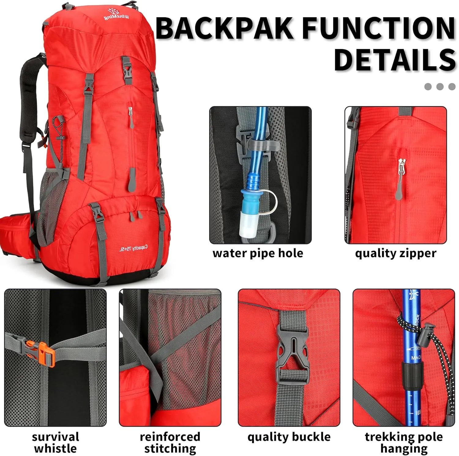 King'sGuard Hiking Backpack for Men and Women 70L 5L Waterproof Lightweight Camping Daypack with Rain Cover for Outdoor Travel Mountaineering - Frameless (Red)