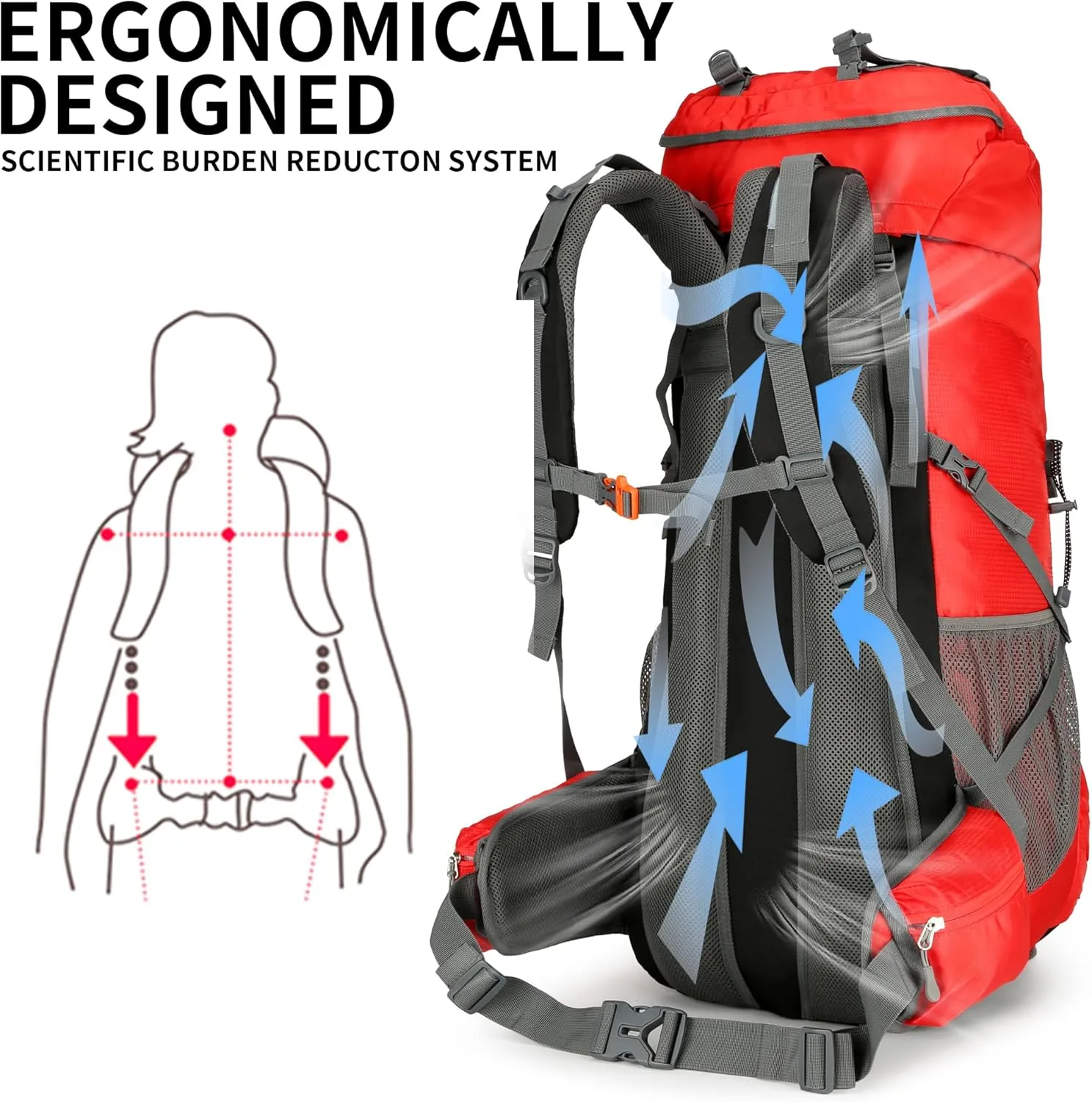King'sGuard Hiking Backpack for Men and Women 70L 5L Waterproof Lightweight Camping Daypack with Rain Cover for Outdoor Travel Mountaineering - Frameless (Red)