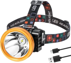 Kitness High Lumen Coon Hunting Light, Hands-Free Superbright LED Headlamp, Waterproof & Rechargeable Spotlight, 2 Light Modes Headlight for Hunting, Hiking and Fishing (Gold-Yellow Light)