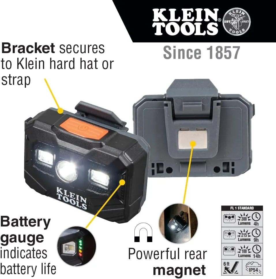 Klein Tools 80079 Headlamp Kit with Rechargeable LED Headlamp, Pocket Flashlight and Bracketed Strap, for Klein Hard Hats, 3-Piece
