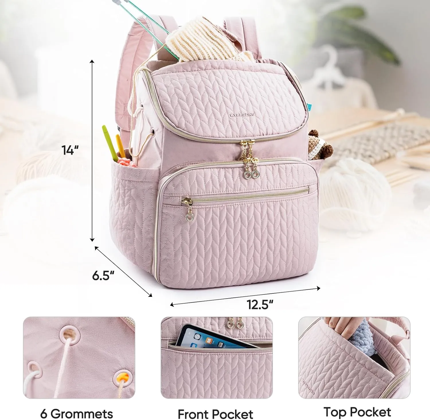 Knitting Bag Backpack, Large Crochet Backpack - Crochet Bag Organizer, Yarn Storage Organizer - Yarn Holder with 10 Pockets for Crochet Accessories, Knitting & Crochet Supplies, Crochet Gift