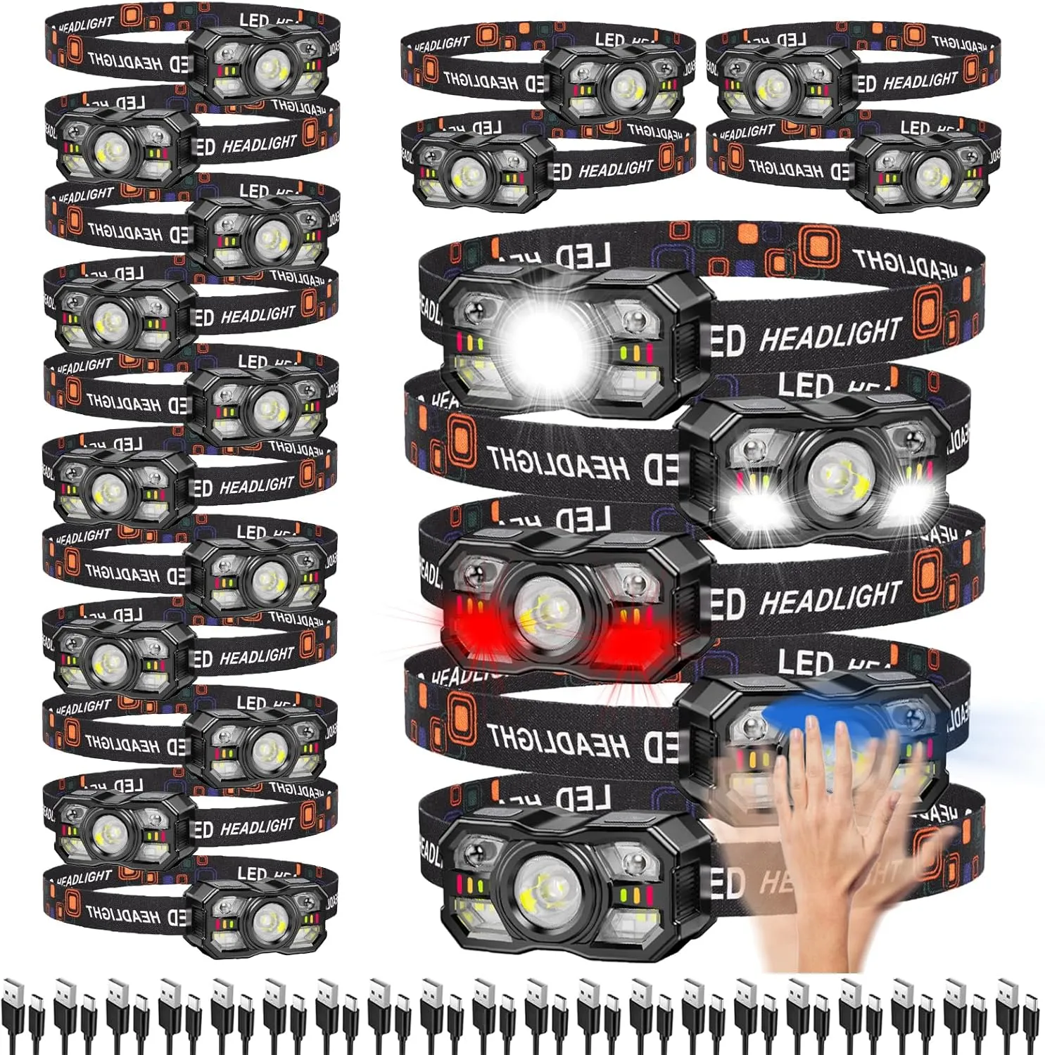 KunHe 20 Pack Headlamp Flashlight Head Lamps led Rechargeable Headlight Motion Sensor Head Lamp 10 Mode for Outdoor Camping Gear Hiking Fishing Running Cycling Headlight Emergency Lights for Home
