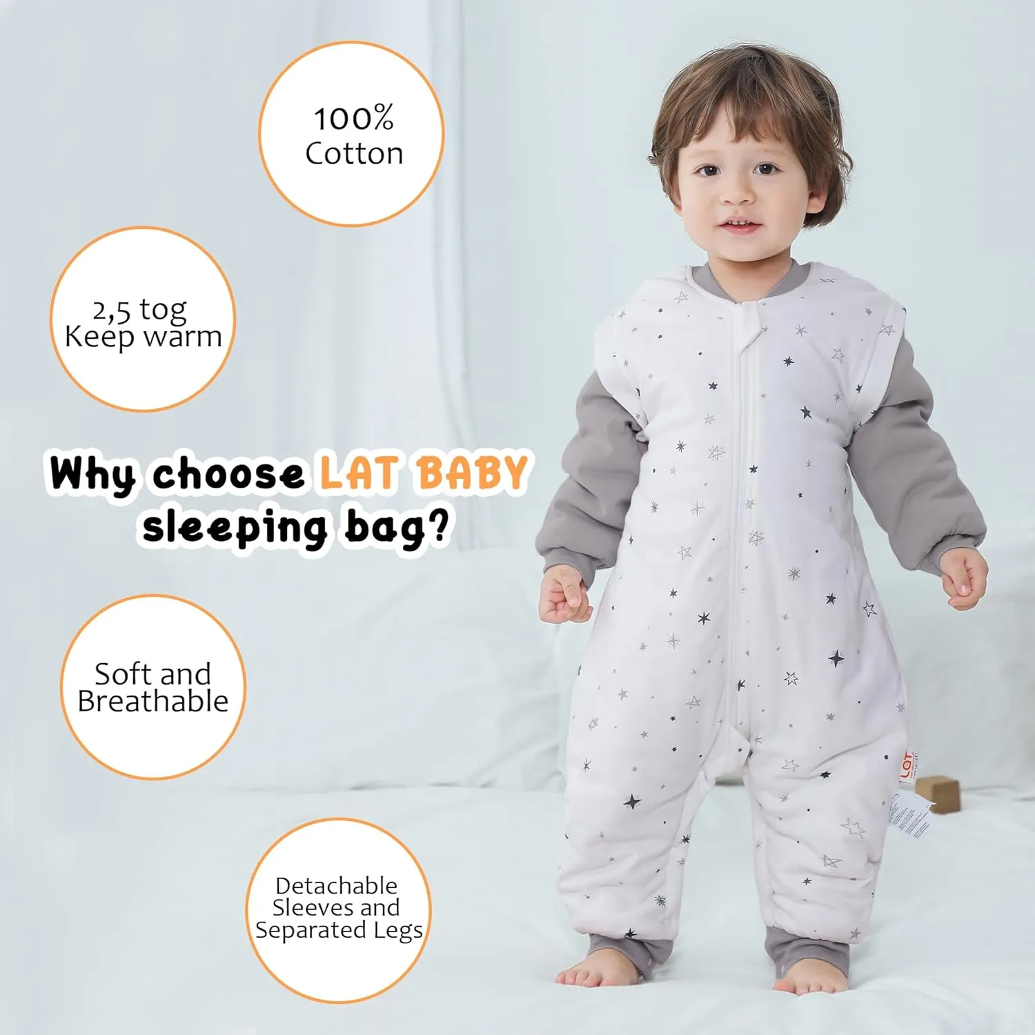 LAT Baby Sleep Bag with Feet Winter, Wearable Blanket, Warm Sack for Toddler Thicken 2.5 TOG-Removable Sleeves