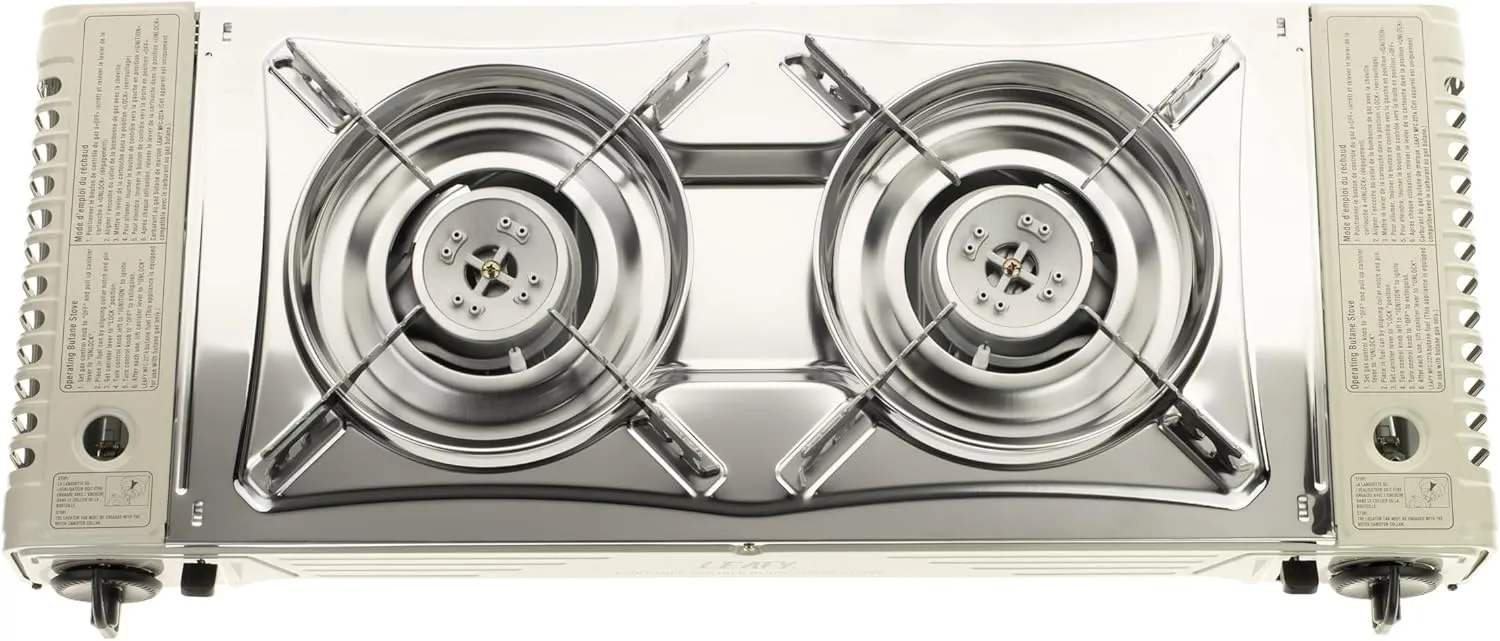 Leafy, Twin Burner Gas Stove (Warm Gray), High Performance Butane Range, Portable Stove, Countertop Range, Hard plastic durable carrying case included, Butane gas cartridges sold separately