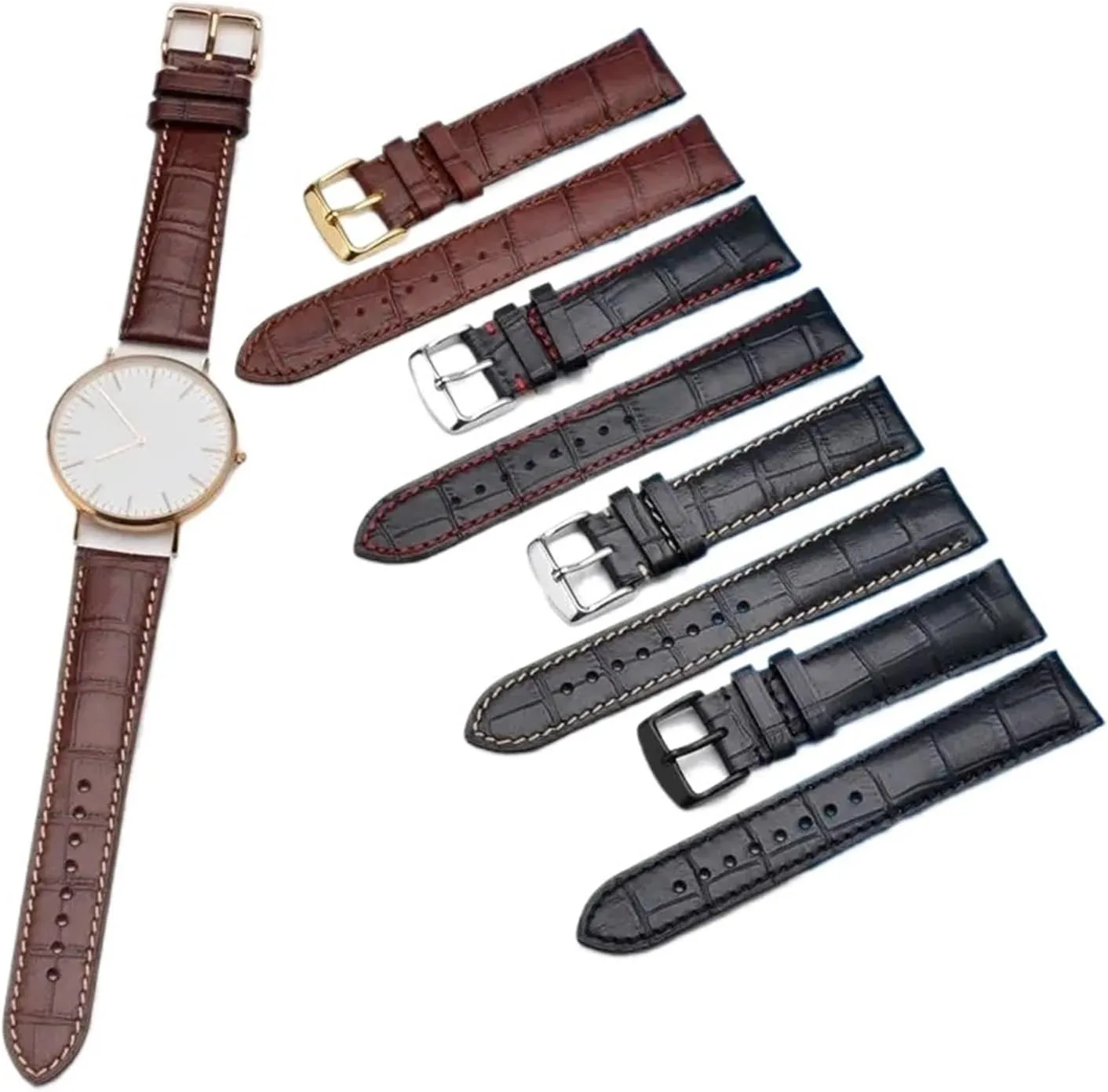 Leather Watchband 14mm 18mm 19mm 20mm 21mm 22mm Embossed Watch Strap Gold Buckle Men Women Bracelet