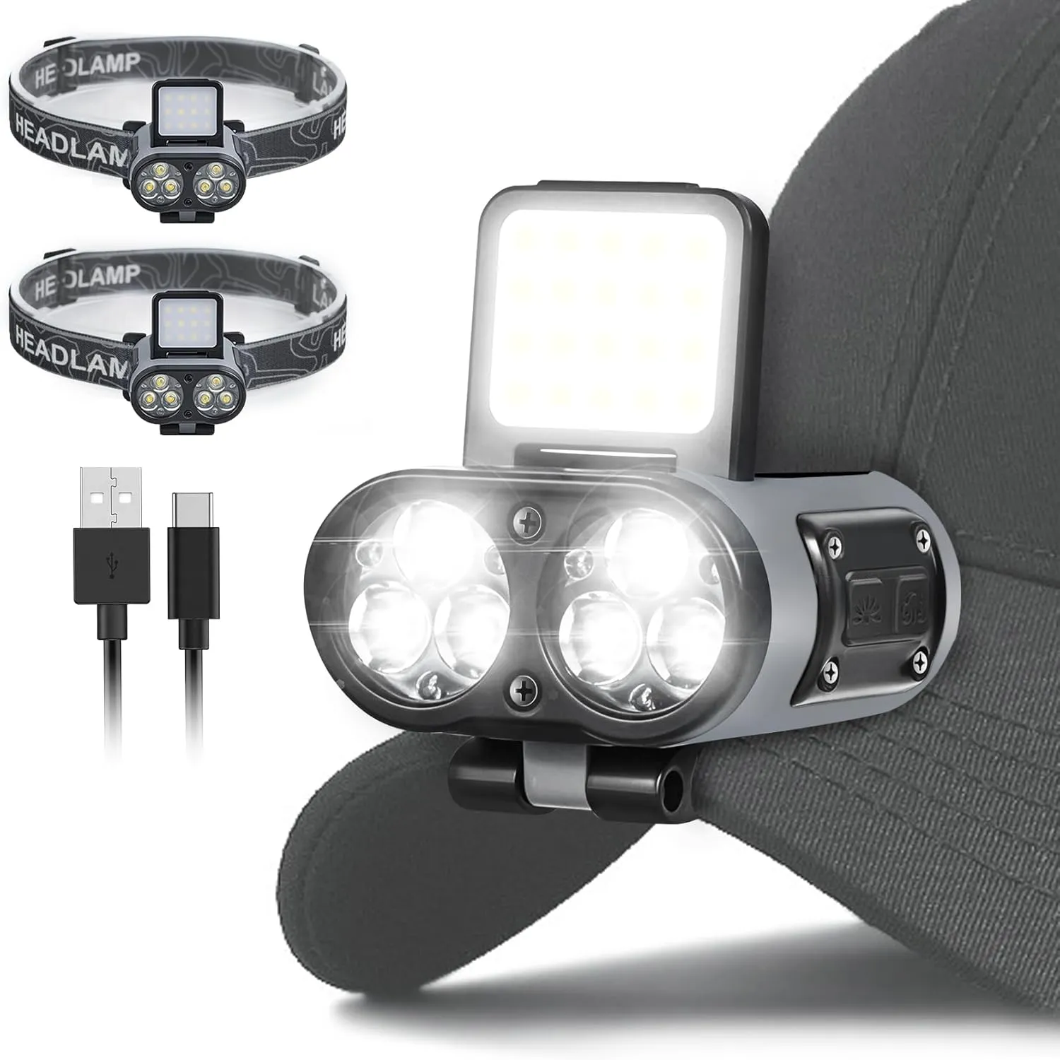 LED Hard Hat Light, 2 pcs 900 Lumen Dimmable Clip on Cap Lights, Headlamp Rechargeable, 180°Adjustable Hands Free Hat Flashlight Headlamp Waterproof for Hiking, Running, Fishing, Cycling, Emergency
