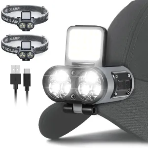 LED Hard Hat Light, 2 pcs 900 Lumen Dimmable Clip on Cap Lights, Headlamp Rechargeable, 180°Adjustable Hands Free Hat Flashlight Headlamp Waterproof for Hiking, Running, Fishing, Cycling, Emergency