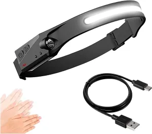 LED Head Torch Rechargeable, Lightweight Headlamp Wide Beam Headlight, 350 Lumens, 3 Light Mode, Hand Induction, Waterproof Adjustable Headlight Torch for Running Camping Fishing