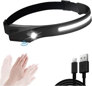 LED Head Torch Running, Rechargeable Headlamp Head Light with 5 Lighting Modes, 350 Lumens Headlamp for Kids & Adults, Motion Sensor Control, for Camping & Hiking