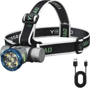 LED Headlamp, 2500 Lumens, 6 Lighting Modes, USB Rechargeable, Waterproof, Silver