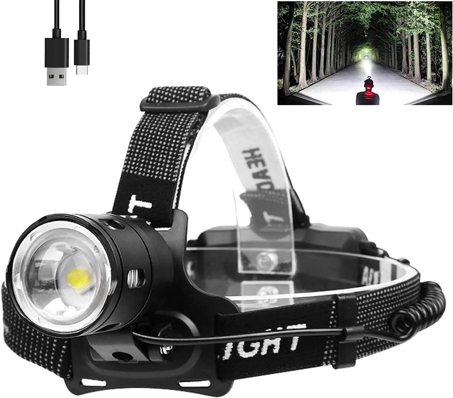 LED Headlamp Flashlight, Super Bright 50000 Lumens Rechargeable Headlamp with 3 Modes & IP65 Waterproof Zoomable Head Lamp, 90° Adjustable for Outdoor Camping Fishing