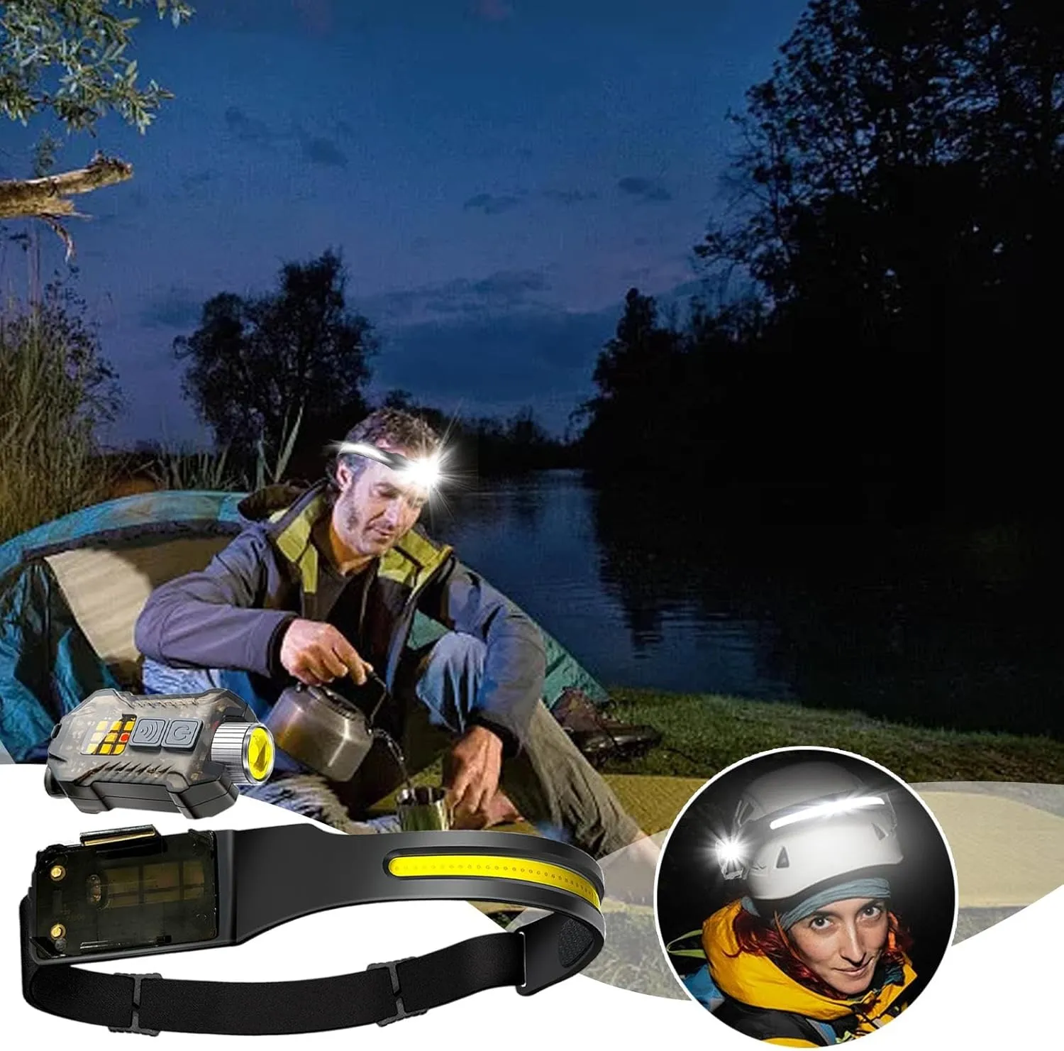Led Headlamp, Headlamp with Motion Sensor, Waterproof Headlamp, Wide Beam Headlamp, Waterproof Led Headlamp for Camping, Featuring 230-degree Wide Beam, Motion Sensor, and Side Flashlight