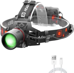 LED Headlamp Hunting Rechargeable, Headlamp with Green and White Light Option for Hunting Night Vision Zoomable Head Light for Fishing Hog Coyote Varmint (White & Green LEDs)