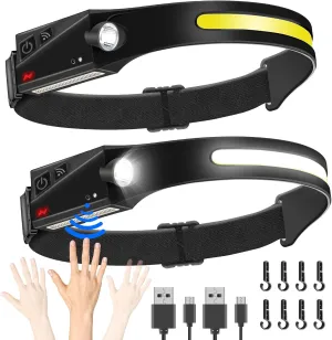 Led Headlamp Rechargeable 2 PCS,5 Modes Bright Headlamps COB 230° Wide Beam Headlamp,Hard Hat Headlight Waterproof Headlamp for Hiking, Running, Repairing, Fishing, Cycling for Adults