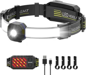 LED Headlamp Rechargeable, 230° Illumination Wide Beam LED Headlamp with Red Taillight, 10 Modes, IPX6 Waterproof, Super Bright Comfortable Head Lamp for Running, Camping, Hiking, Outdoor