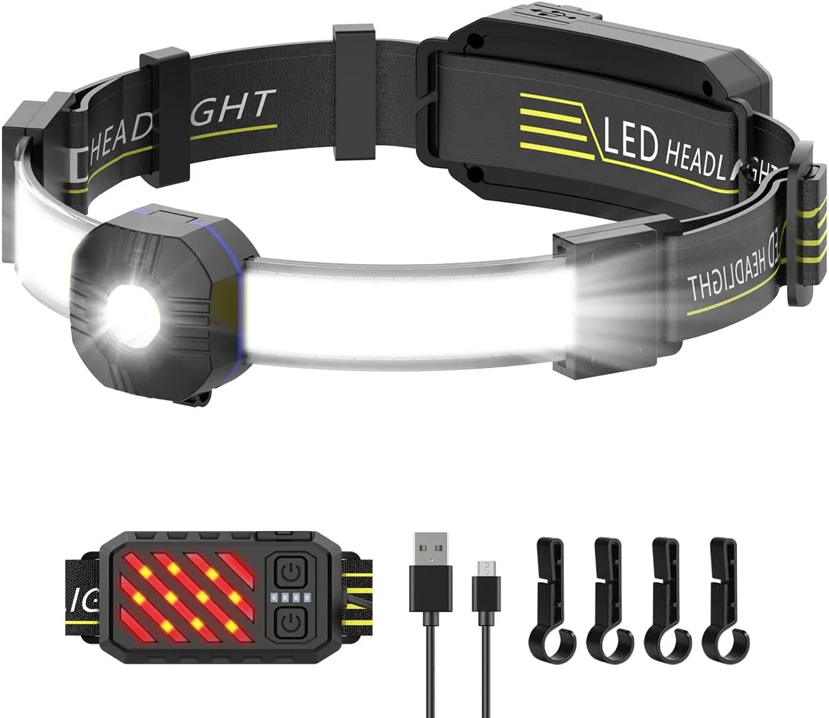 LED Headlamp Rechargeable, 230° Illumination Wide Beam LED Headlamp with Red Taillight, 10 Modes, IPX6 Waterproof, Super Bright Comfortable Head Lamp for Running, Camping, Hiking, Outdoor