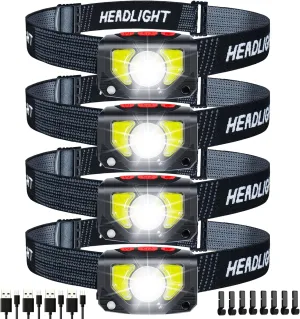 LED Headlamp Rechargeable, 4 Pack Head Lamp Flashlight Headlight Light with Motion Sensor for Outdoor Camping Biking Running Fishing