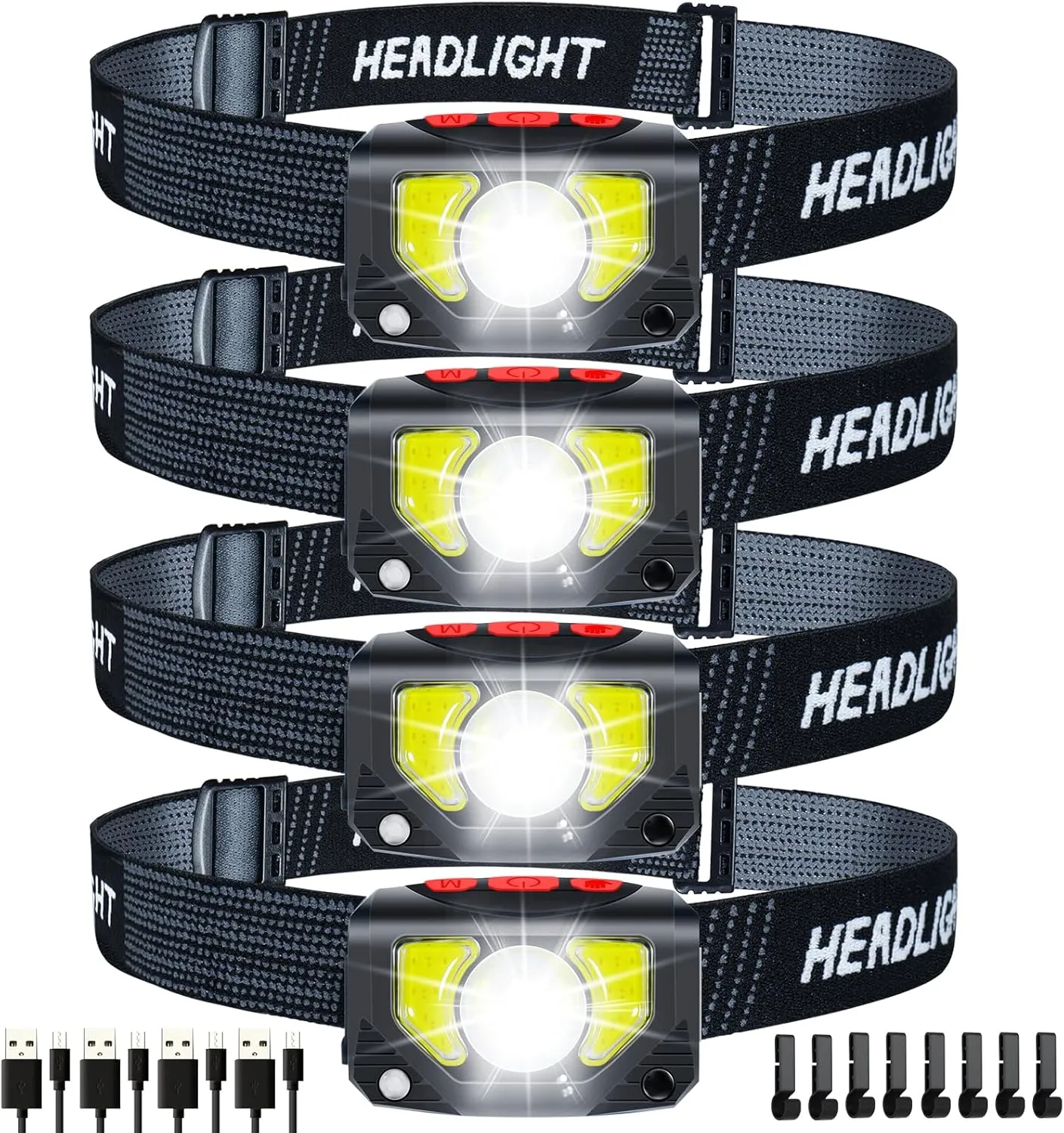 LED Headlamp Rechargeable, 4 Pack Head Lamp Flashlight Headlight Light with Motion Sensor for Outdoor Camping Biking Running Fishing