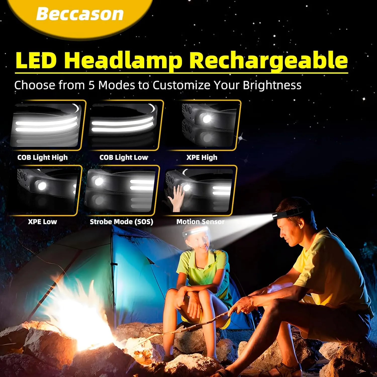 LED Headlamp Rechargeable 6PCS - 230° COB Super Bright Head Lights for Forehead, Hard hat Light for Adults, USB C Headband Flashlight for Work, Hiking, Running, Camping Essentials Gear