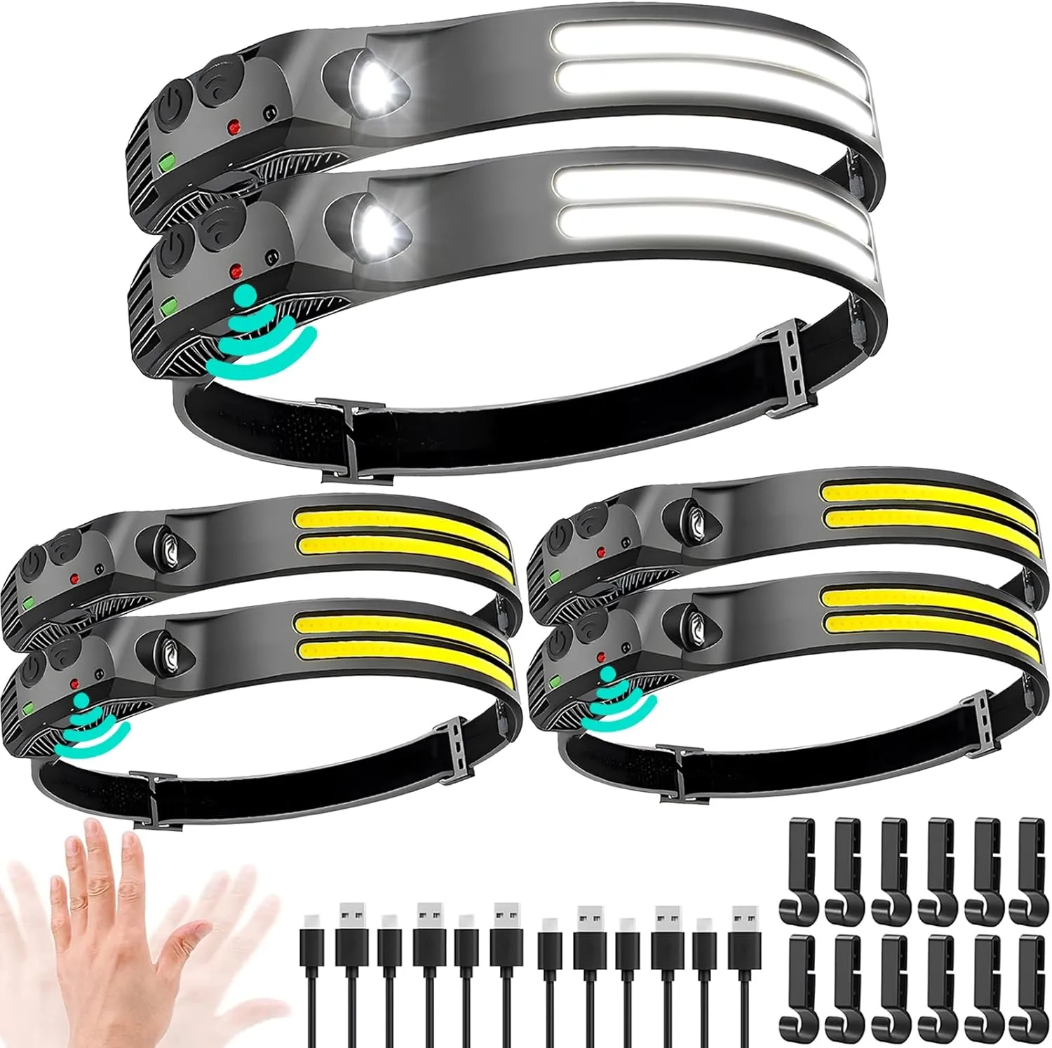 LED Headlamp Rechargeable 6PCS - 230° COB Super Bright Head Lights for Forehead, Hard hat Light for Adults, USB C Headband Flashlight for Work, Hiking, Running, Camping Essentials Gear