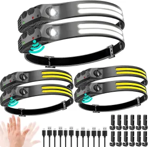LED Headlamp Rechargeable 6PCS - 230° COB Super Bright Head Lights for Forehead, Hard hat Light for Adults, USB C Headband Flashlight for Work, Hiking, Running, Camping Essentials Gear