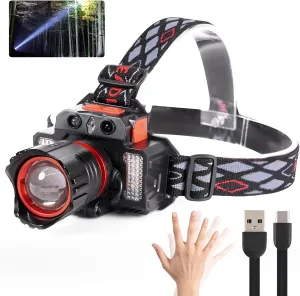 LED Headlamp Rechargeable, 90000 Lumens Super Bright Headlamp with 3 2Modes, Head Lights for Forehead, headlamps for adults with USB Rechargeable Zoom head lamps ,135°Adjustable, IPX6 Waterproof