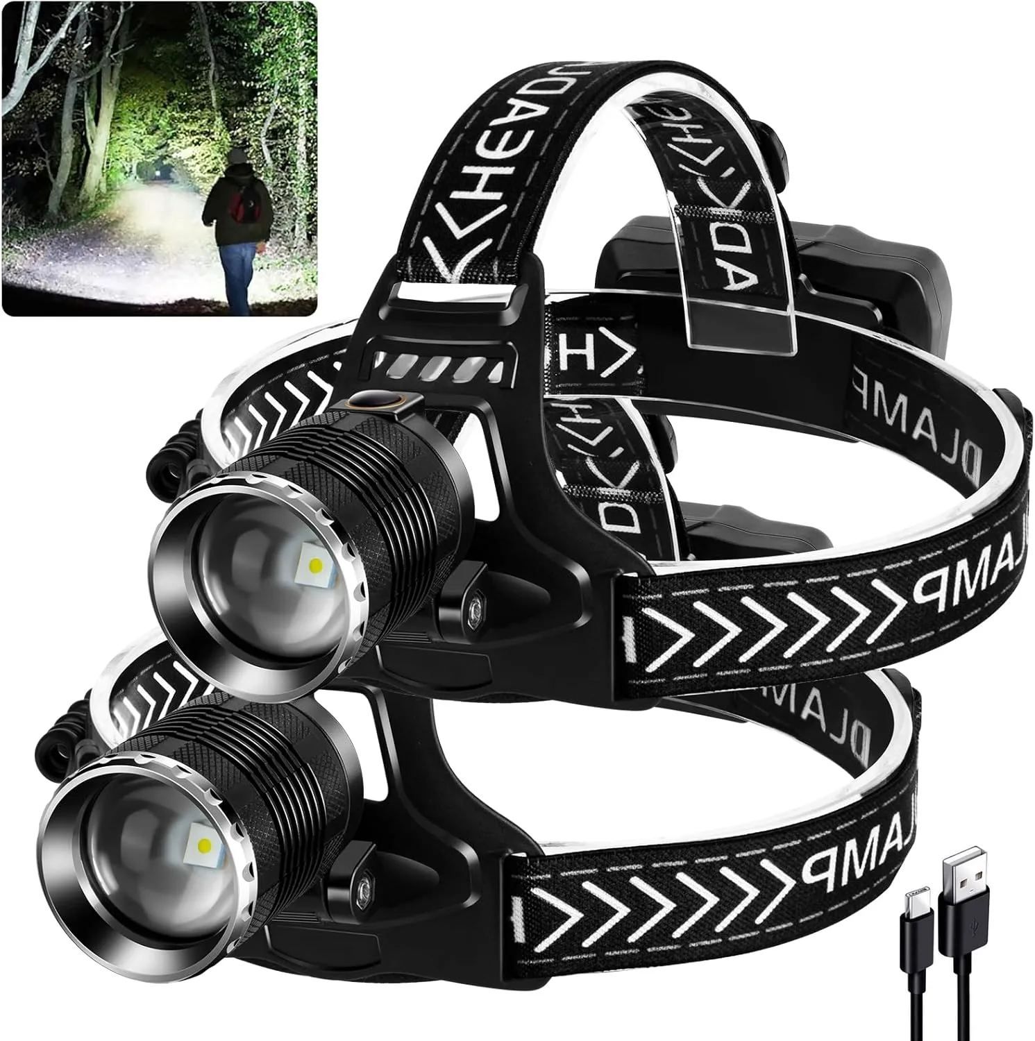 Led Headlamp Rechargeable, 990000 Lumens Head Lamp with 4 Modes, USB Rechargeable Zoom Headlamp, 90° Adjustable Head Lamps led Rechargeable for Outdoor Camping, Running, Cycling,Climbing