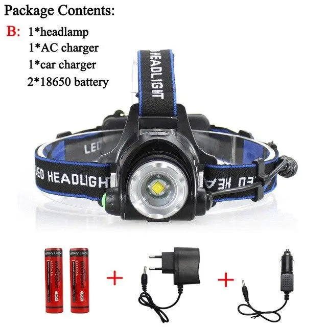 Led Headlamp Rechargeable Headlights Head Lamps Cree XM-L T6 led 2000LM 18650 Battery AC Charger Car Charger Desktop Charger