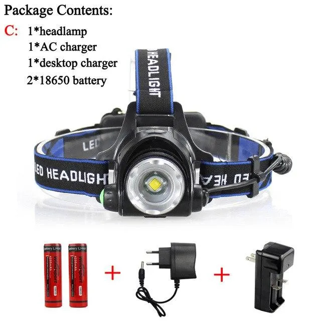 Led Headlamp Rechargeable Headlights Head Lamps Cree XM-L T6 led 2000LM 18650 Battery AC Charger Car Charger Desktop Charger