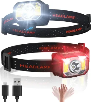 LED Headlamp Rechargeable, ZREE Head Light 1000 Lumens Super Bright White Red Light Flashlight with IPX5 Waterproof, Motion Sensor, 4 Modes, Adjustable Headband Head Lamp for Adults and Kids (2 Pack)