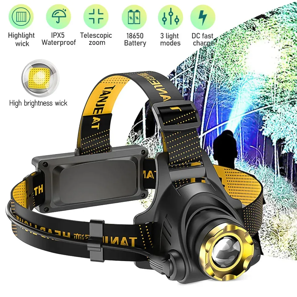 Led Headlamp USB Rechargeable Powerful Batteries Headlight Camping Search Light Head Flashlight 90° Adjustable Head Strap Lamp