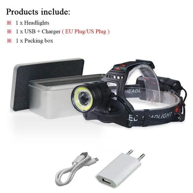 LED Headlamp zoom xml t6 cob Headlight Camping Head Torch waterproof Head Lantern Lamp linterna usb charge 18650 battery