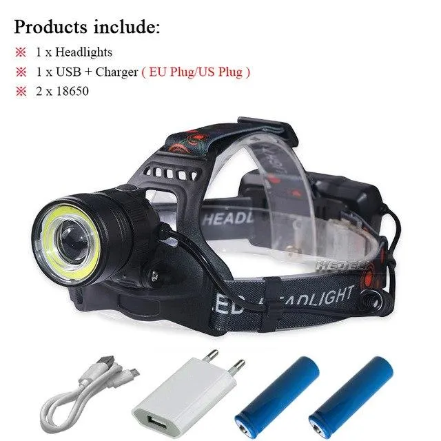 LED Headlamp zoom xml t6 cob Headlight Camping Head Torch waterproof Head Lantern Lamp linterna usb charge 18650 battery