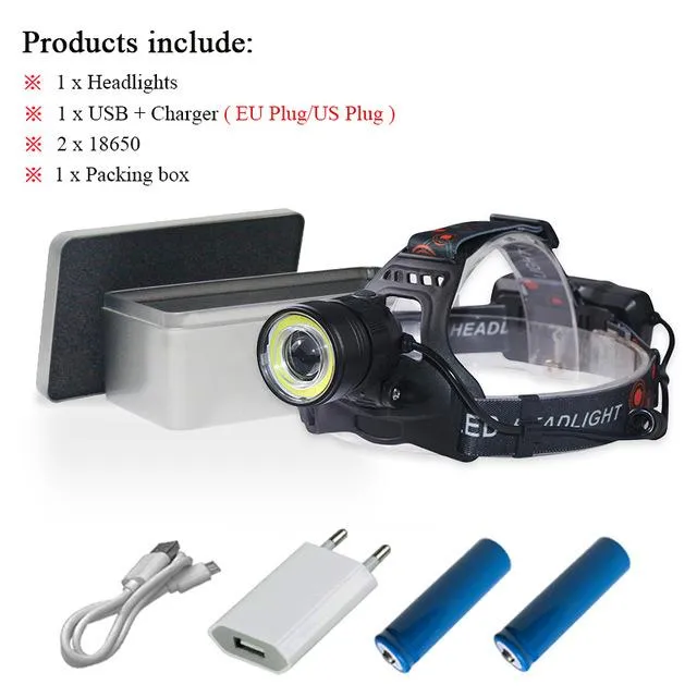 LED Headlamp zoom xml t6 cob Headlight Camping Head Torch waterproof Head Lantern Lamp linterna usb charge 18650 battery