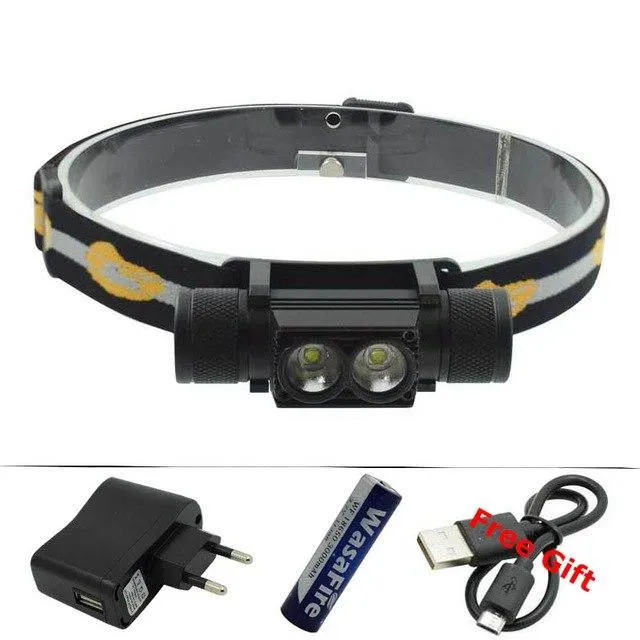 LED Headlight USB Charger Headlamp XM-L2 Double LED Camping Flashlight Hunting Frontal Head Torch by 18650 Rechargeable Battery