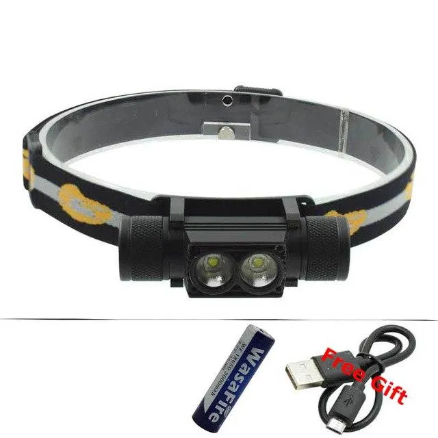 LED Headlight USB Charger Headlamp XM-L2 Double LED Camping Flashlight Hunting Frontal Head Torch by 18650 Rechargeable Battery