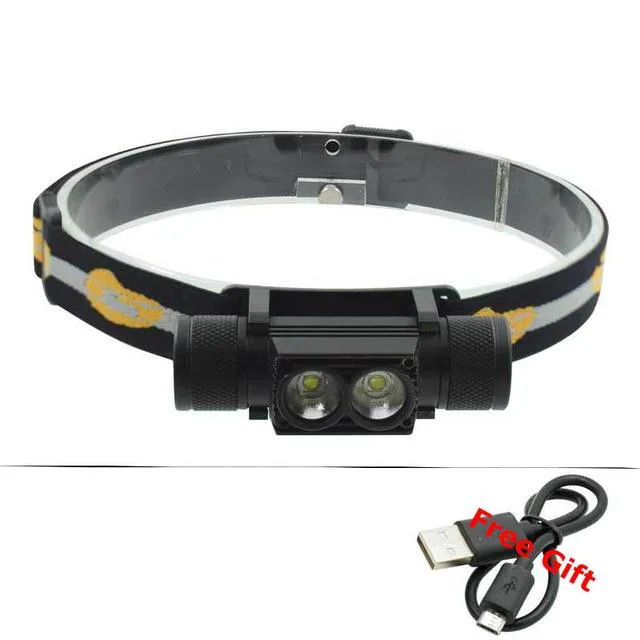 LED Headlight USB Charger Headlamp XM-L2 Double LED Camping Flashlight Hunting Frontal Head Torch by 18650 Rechargeable Battery