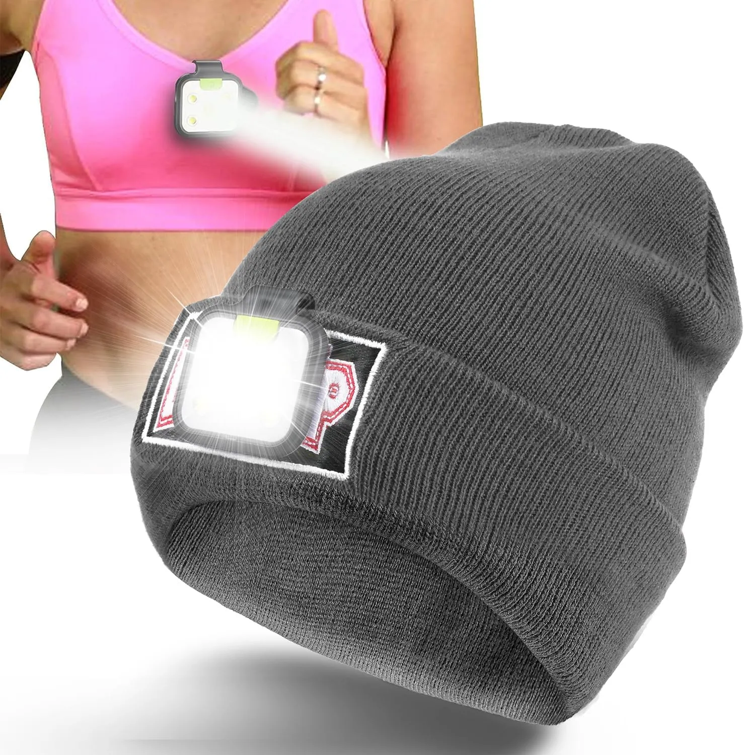 LED Rechargeable Headlamp, Beanie Hat with Light, Clip on Running Light Flashlight Headlamps for Women Men Dad Father Husband (Grey)