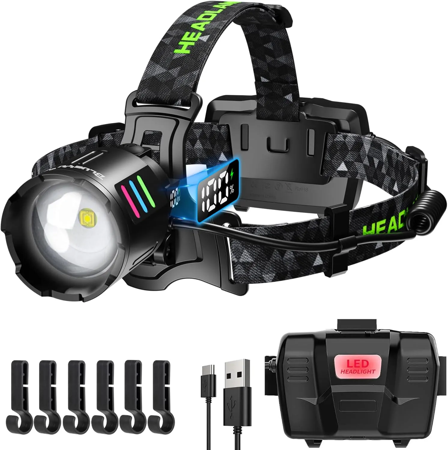 Led Rechargeable Headlamp, Bright Head Lamps, 90° Adjustable Zoom Forehead Headlight, USB Charging & 3 Modes Head Lights, Headlamps for Fishing, Camping, Cycling & Hiking